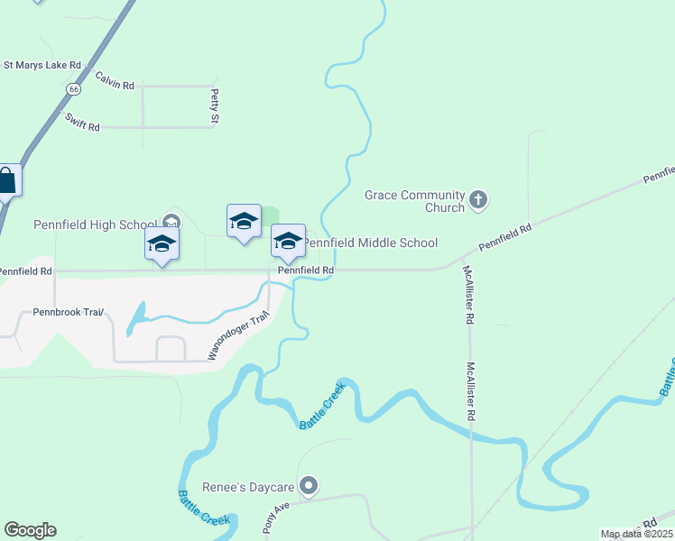 map of restaurants, bars, coffee shops, grocery stores, and more near 8587 Pennfield Road in Battle Creek