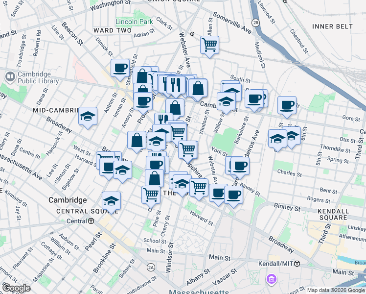 map of restaurants, bars, coffee shops, grocery stores, and more near 306 Columbia Street in Cambridge