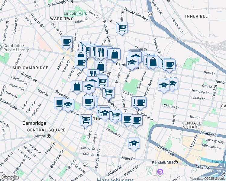 map of restaurants, bars, coffee shops, grocery stores, and more near 386 Windsor Street in Cambridge