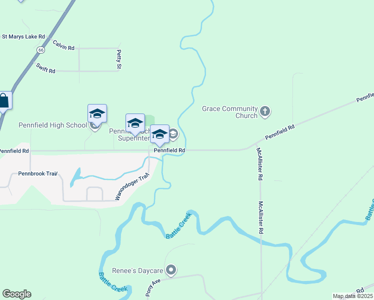 map of restaurants, bars, coffee shops, grocery stores, and more near 8587 Pennfield Road in Battle Creek