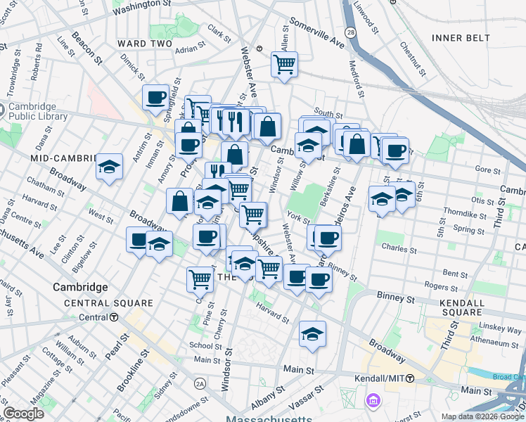 map of restaurants, bars, coffee shops, grocery stores, and more near 386 Windsor Street in Cambridge