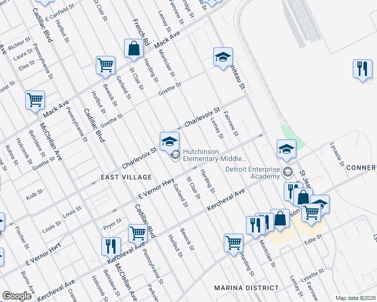 map of restaurants, bars, coffee shops, grocery stores, and more near 2613 Harding Street in Detroit