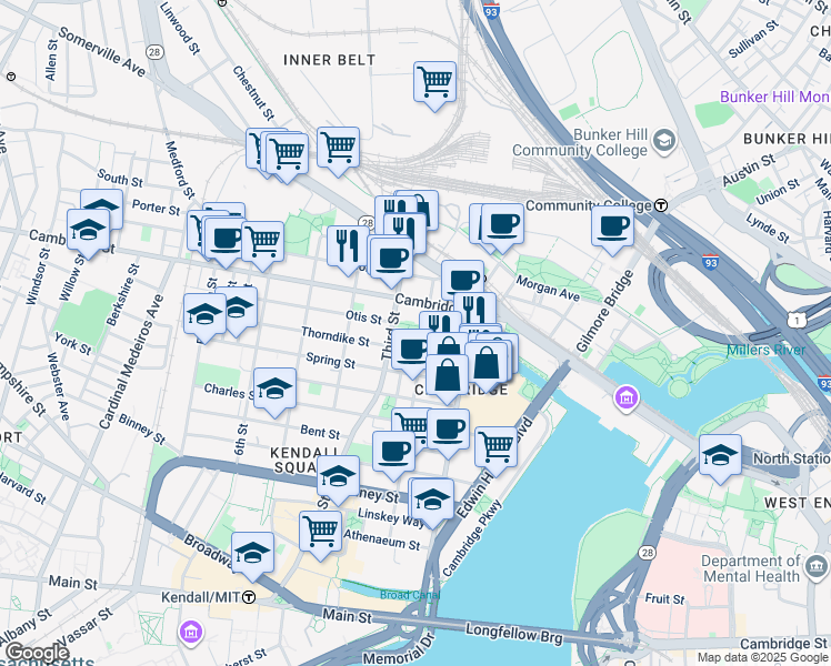 map of restaurants, bars, coffee shops, grocery stores, and more near 208 Cambridge Street in Cambridge