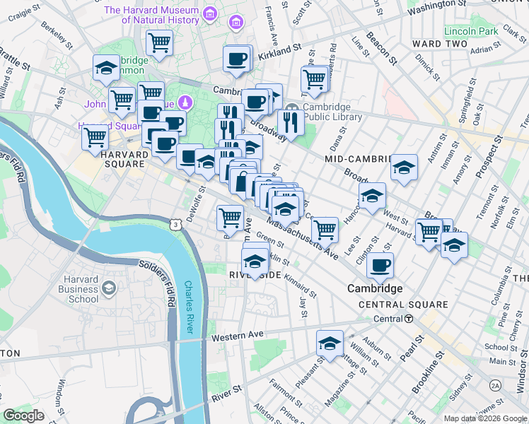 map of restaurants, bars, coffee shops, grocery stores, and more near 12 Trowbridge Street in Cambridge