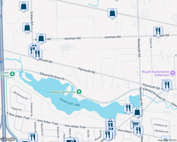 map of restaurants, bars, coffee shops, grocery stores, and more near 37718-37750 Plymouth Road in Livonia