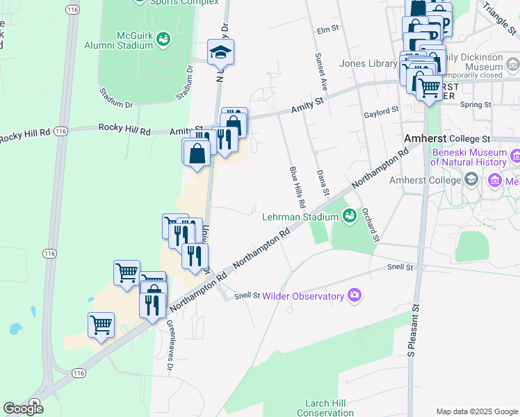 map of restaurants, bars, coffee shops, grocery stores, and more near 130 University Drive in Amherst
