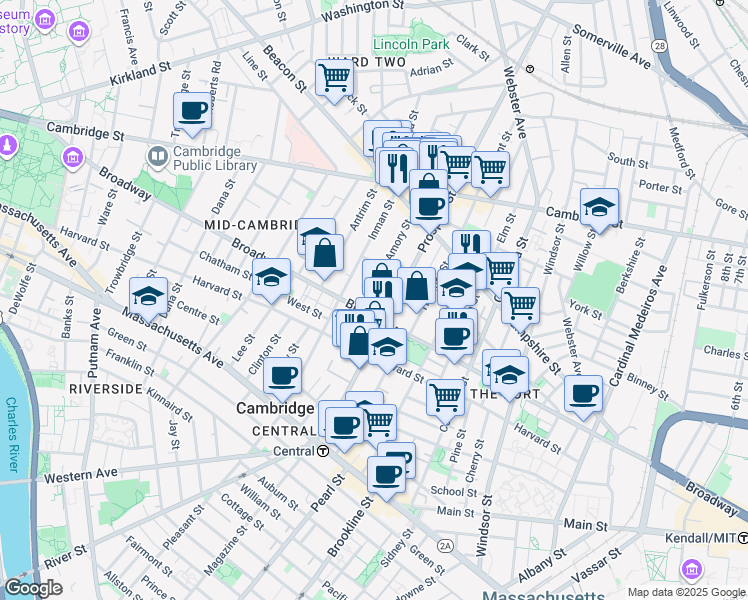 map of restaurants, bars, coffee shops, grocery stores, and more near 39 Amory Street in Cambridge