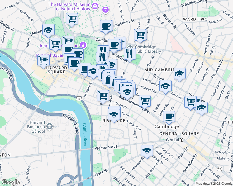 map of restaurants, bars, coffee shops, grocery stores, and more near 12 Trowbridge Street in Cambridge