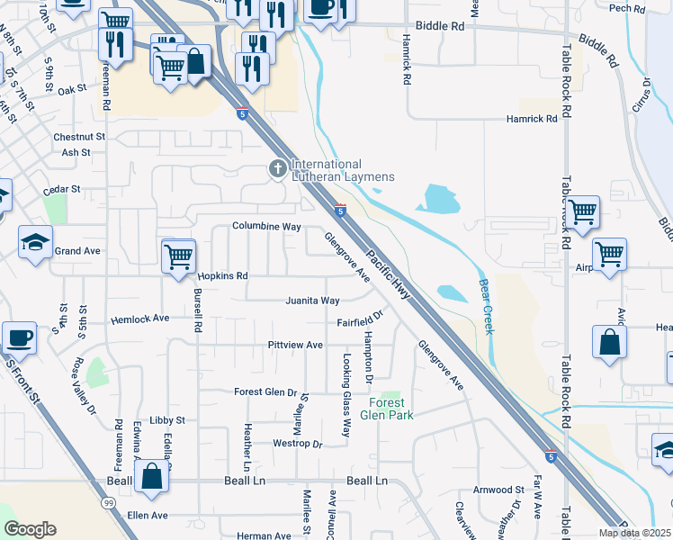 map of restaurants, bars, coffee shops, grocery stores, and more near 1029 Hopkins Road in Central Point
