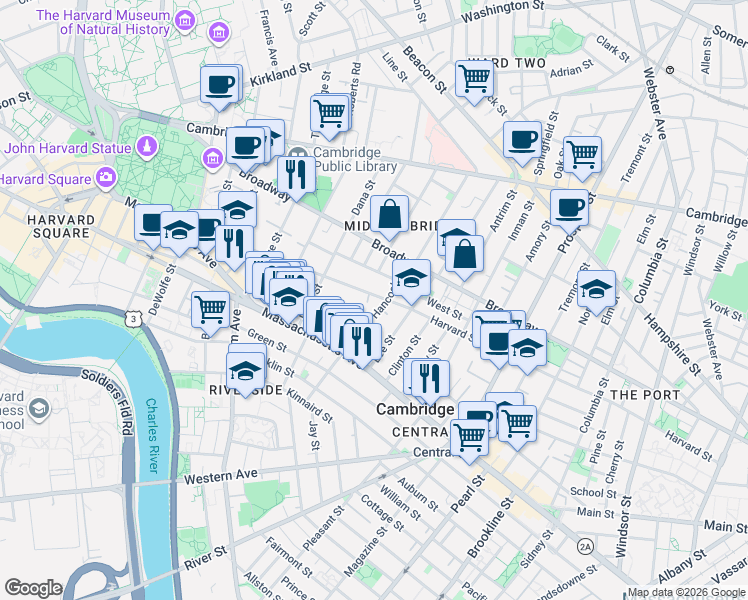 map of restaurants, bars, coffee shops, grocery stores, and more near 321 Harvard Street in Cambridge
