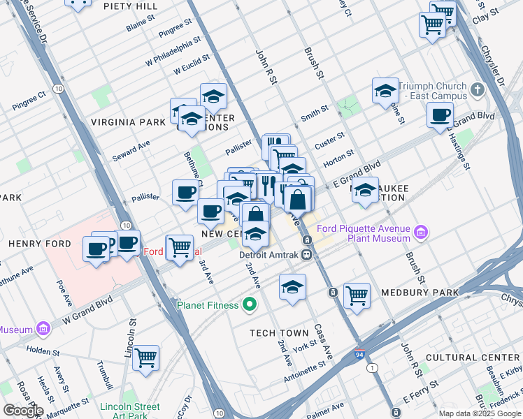 map of restaurants, bars, coffee shops, grocery stores, and more near 3075 West Grand Boulevard in Detroit