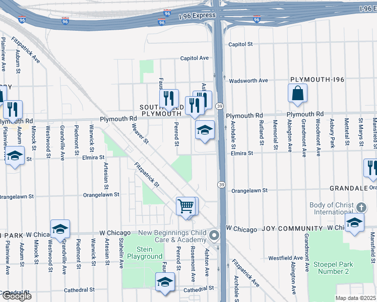 map of restaurants, bars, coffee shops, grocery stores, and more near 11350 Penrod Street in Detroit