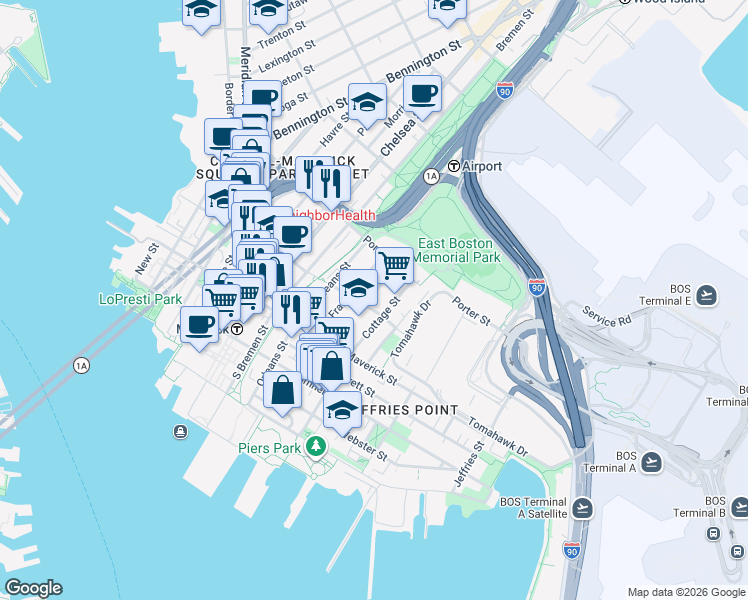map of restaurants, bars, coffee shops, grocery stores, and more near 65 Frankfort Street in Boston