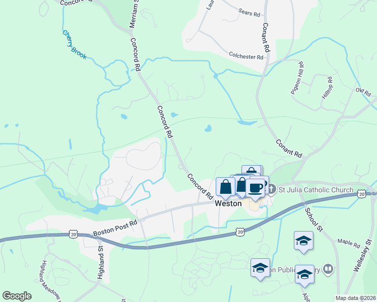 map of restaurants, bars, coffee shops, grocery stores, and more near 49 Concord Road in Weston