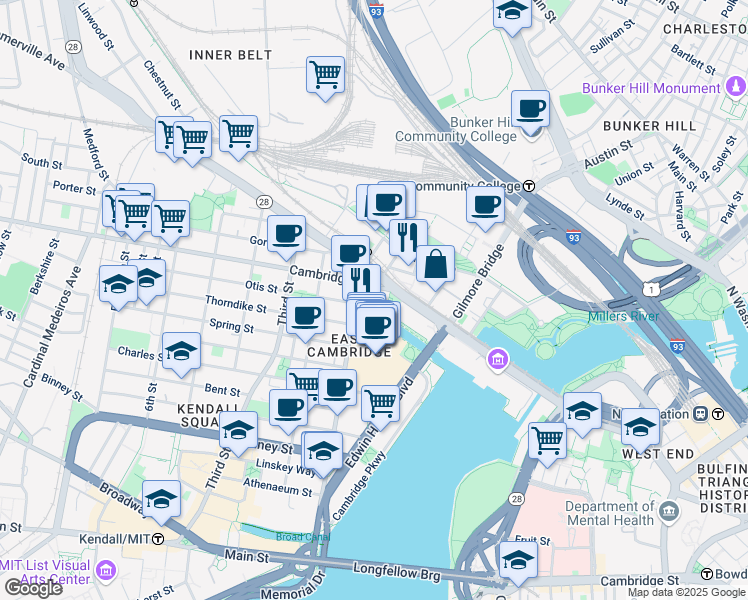 map of restaurants, bars, coffee shops, grocery stores, and more near 22 Cambridge Street in Cambridge