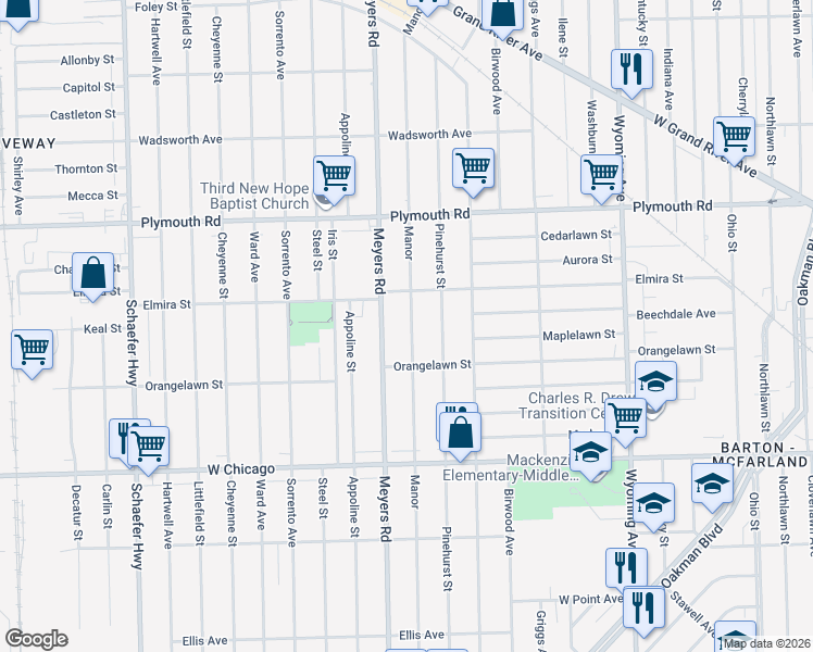 map of restaurants, bars, coffee shops, grocery stores, and more near 10016 Meyers Road in Detroit