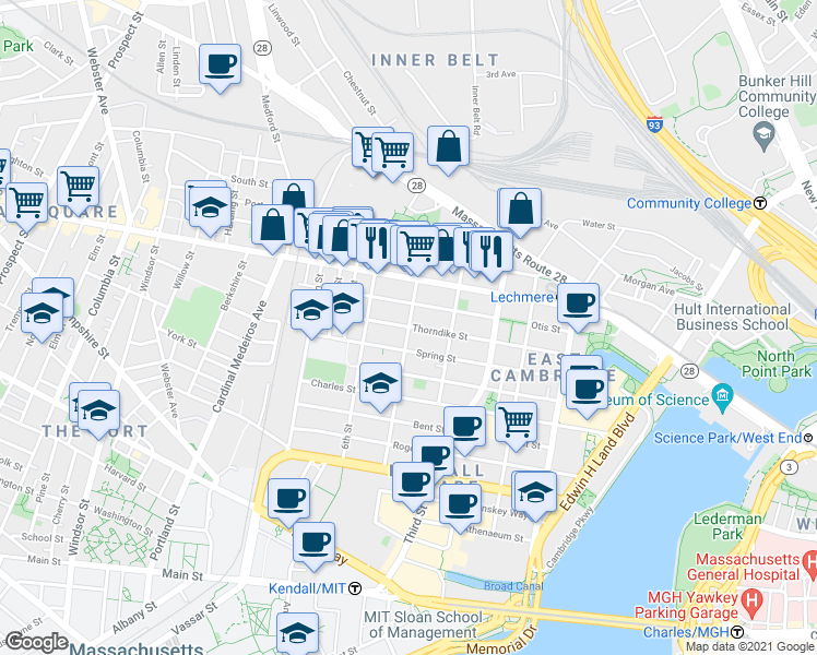 map of restaurants, bars, coffee shops, grocery stores, and more near Thorndike St & 5th St in Cambridge