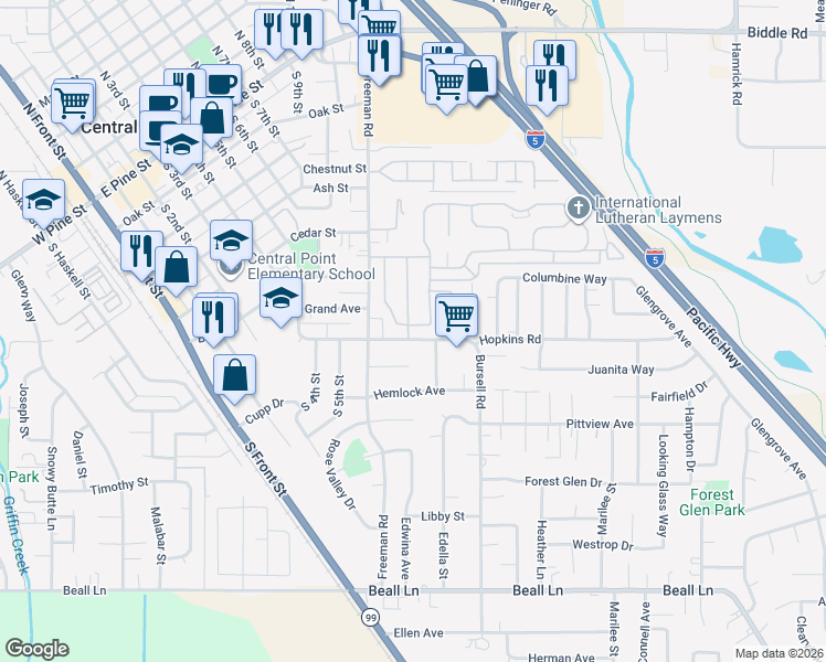 map of restaurants, bars, coffee shops, grocery stores, and more near 555 Freeman Road in Central Point
