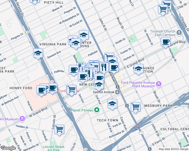 map of restaurants, bars, coffee shops, grocery stores, and more near 3031 West Grand Boulevard in Detroit
