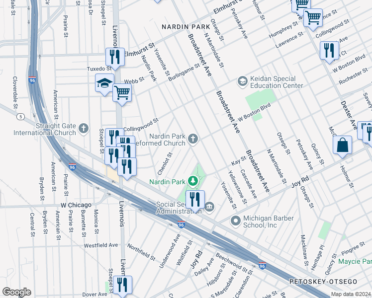 map of restaurants, bars, coffee shops, grocery stores, and more near 9821 Dundee Street in Detroit