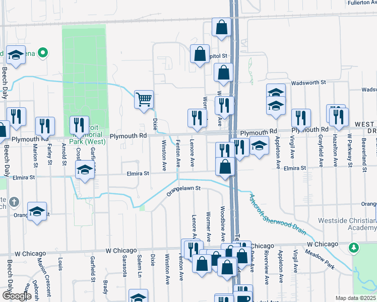 map of restaurants, bars, coffee shops, grocery stores, and more near 11408 Fenton Avenue in Redford Charter Township