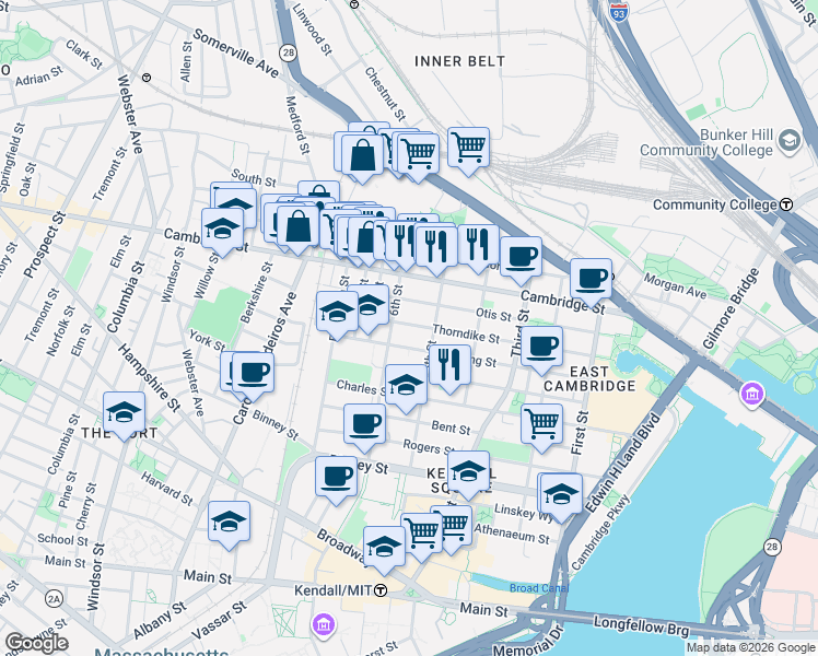 map of restaurants, bars, coffee shops, grocery stores, and more near 138 Thorndike Street in Cambridge