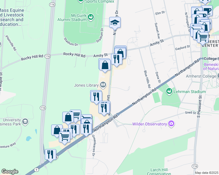 map of restaurants, bars, coffee shops, grocery stores, and more near University Drive in Amherst