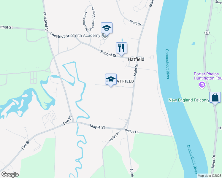 map of restaurants, bars, coffee shops, grocery stores, and more near 33 Main Street in Hatfield