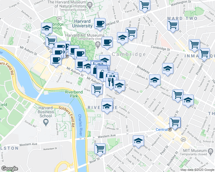 map of restaurants, bars, coffee shops, grocery stores, and more near Massachusetts Avenue & Trowbridge Street in Cambridge