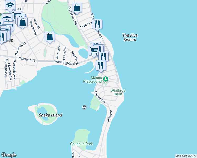 map of restaurants, bars, coffee shops, grocery stores, and more near 571 Shirley Street in Winthrop