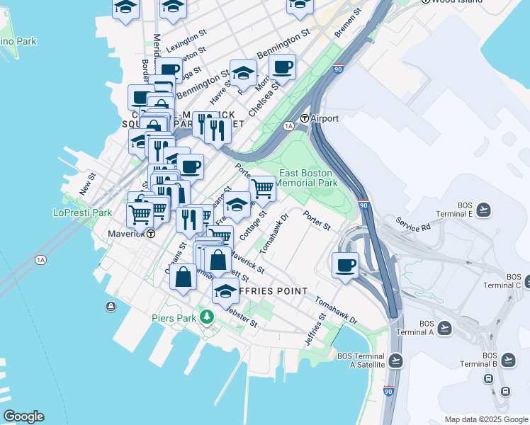 map of restaurants, bars, coffee shops, grocery stores, and more near 194 Cottage Street in Boston