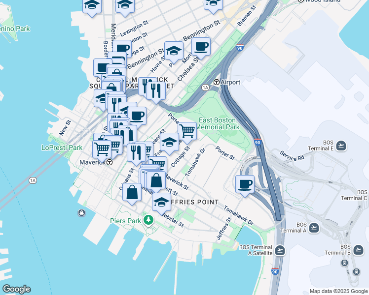 map of restaurants, bars, coffee shops, grocery stores, and more near 194 Cottage Street in Boston