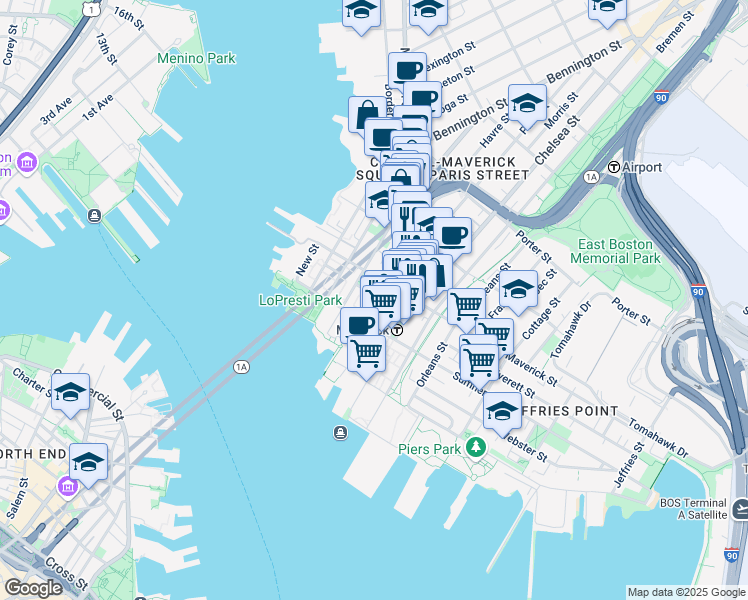 map of restaurants, bars, coffee shops, grocery stores, and more near 97 Maverick Street in Boston