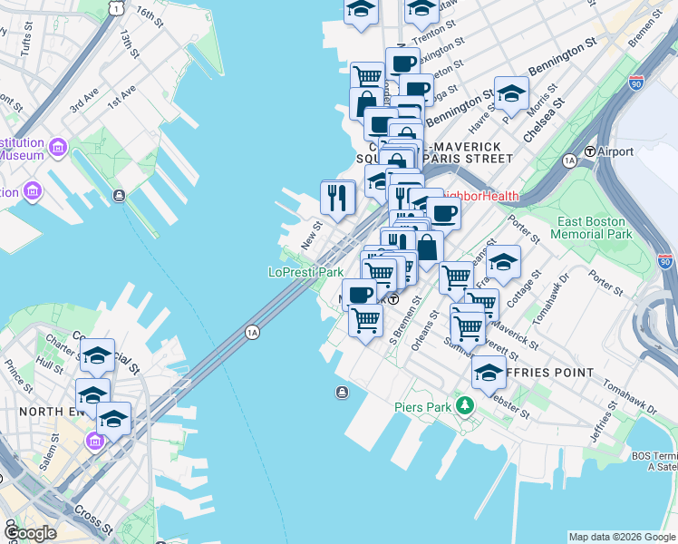 map of restaurants, bars, coffee shops, grocery stores, and more near 24 London Street in Boston