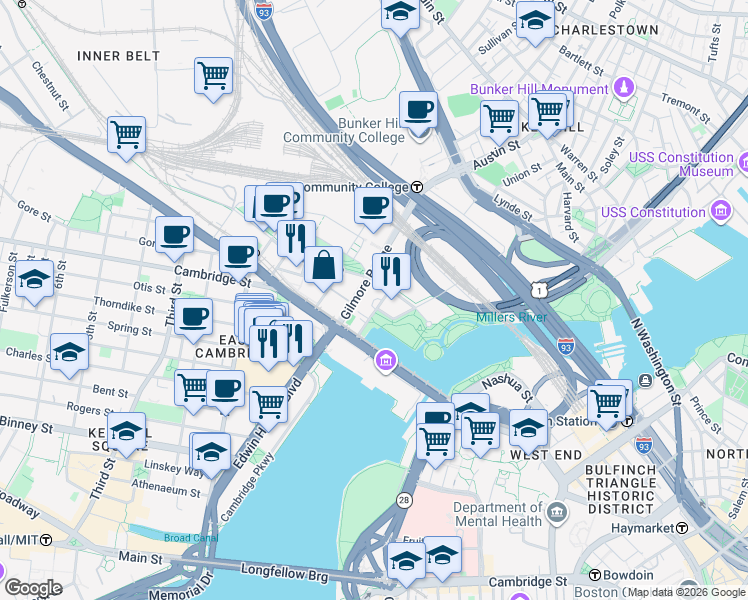 map of restaurants, bars, coffee shops, grocery stores, and more near 10 Museum Way in Cambridge