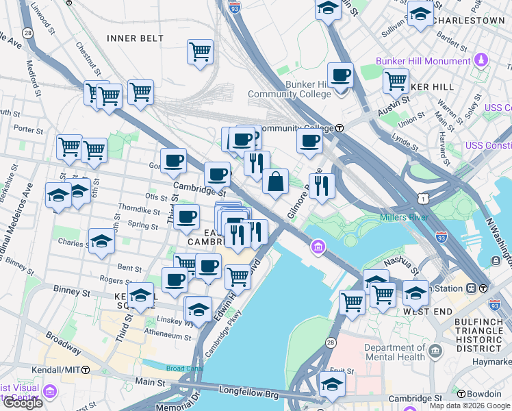 map of restaurants, bars, coffee shops, grocery stores, and more near 2 Leighton Street in Cambridge