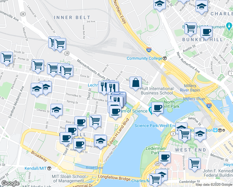 map of restaurants, bars, coffee shops, grocery stores, and more near 22 Cambridge Street in Cambridge