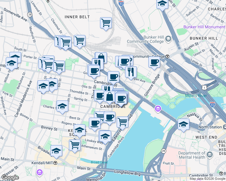 map of restaurants, bars, coffee shops, grocery stores, and more near in Cambridge
