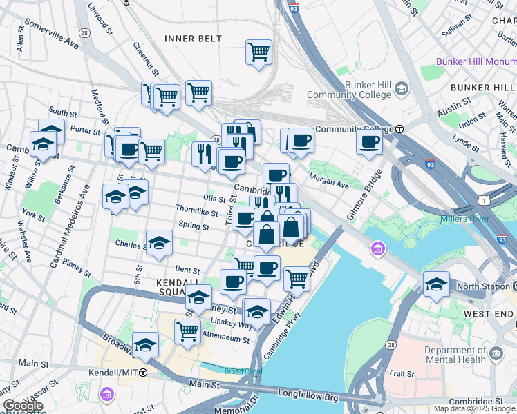 map of restaurants, bars, coffee shops, grocery stores, and more near 208 Cambridge Street in Cambridge