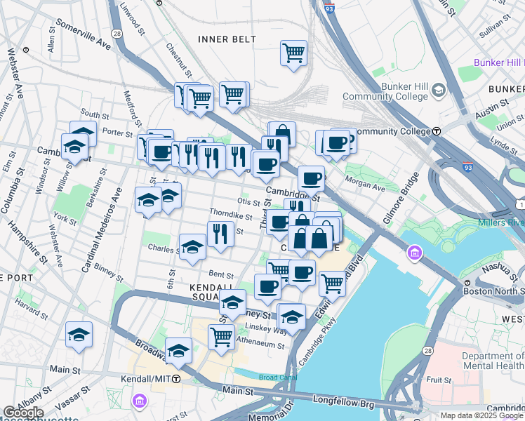 map of restaurants, bars, coffee shops, grocery stores, and more near 63 Otis Street in Cambridge