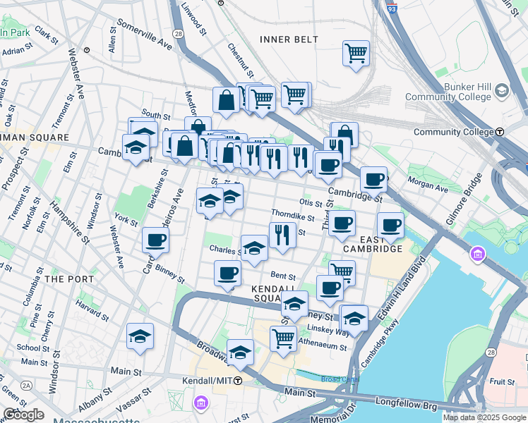 map of restaurants, bars, coffee shops, grocery stores, and more near 79 5th Street in Cambridge