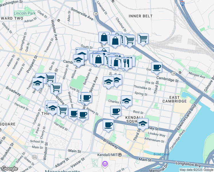 map of restaurants, bars, coffee shops, grocery stores, and more near 218 Thorndike Street in Cambridge