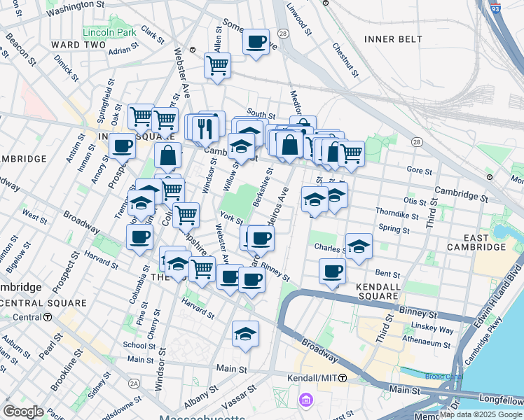 map of restaurants, bars, coffee shops, grocery stores, and more near 88 Berkshire Street in Cambridge