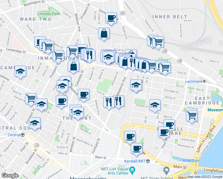 map of restaurants, bars, coffee shops, grocery stores, and more near 88 Berkshire Street in Cambridge