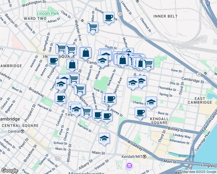 map of restaurants, bars, coffee shops, grocery stores, and more near 88 Berkshire Street in Cambridge