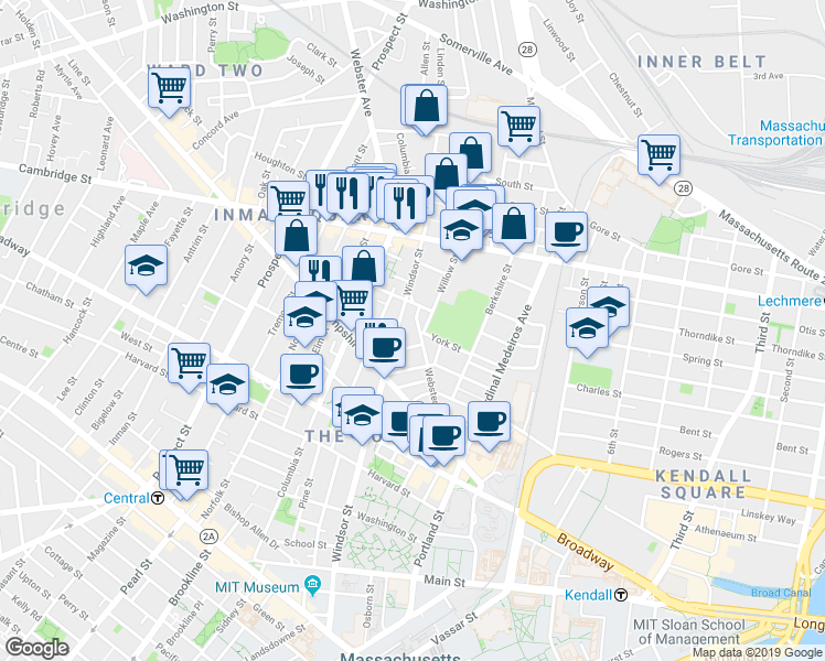 map of restaurants, bars, coffee shops, grocery stores, and more near 386 Windsor Street in Cambridge