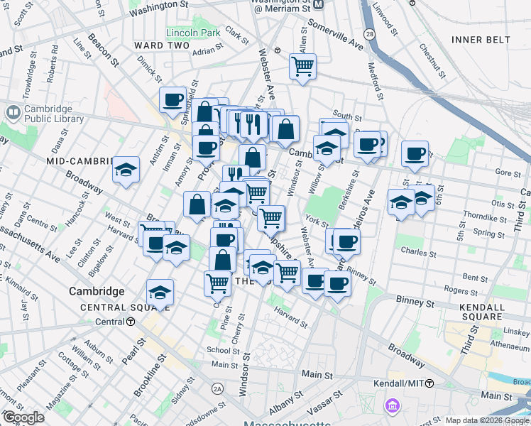 map of restaurants, bars, coffee shops, grocery stores, and more near 306 Columbia Street in Cambridge