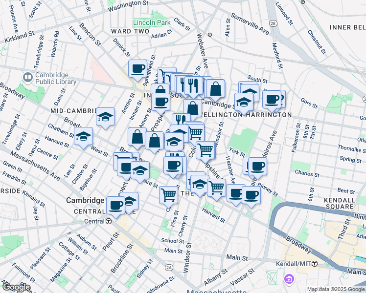 map of restaurants, bars, coffee shops, grocery stores, and more near 132 Hampshire Street in Cambridge