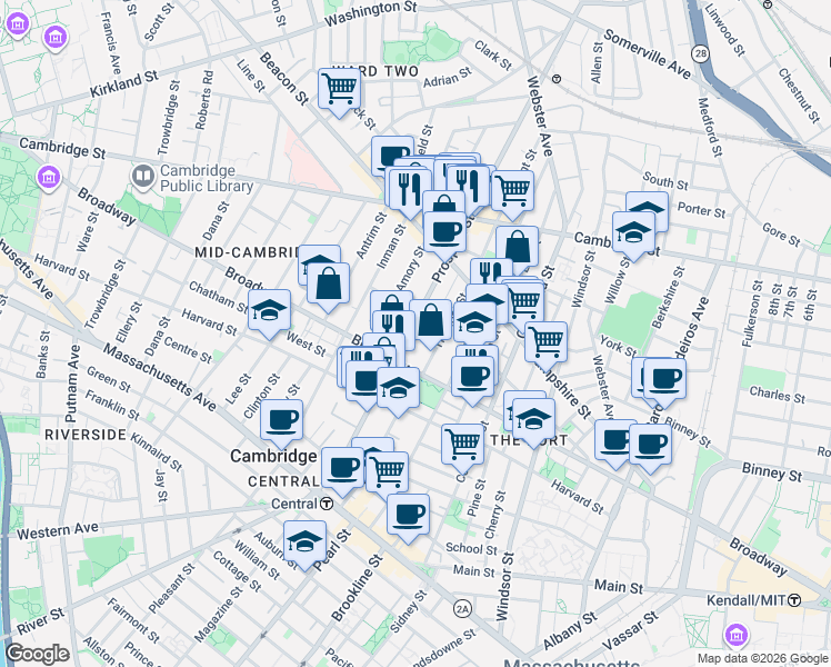 map of restaurants, bars, coffee shops, grocery stores, and more near 210 Prospect Street in Cambridge