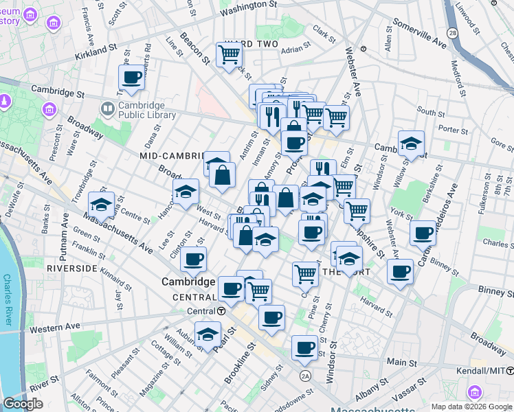 map of restaurants, bars, coffee shops, grocery stores, and more near 39 Amory Street in Cambridge